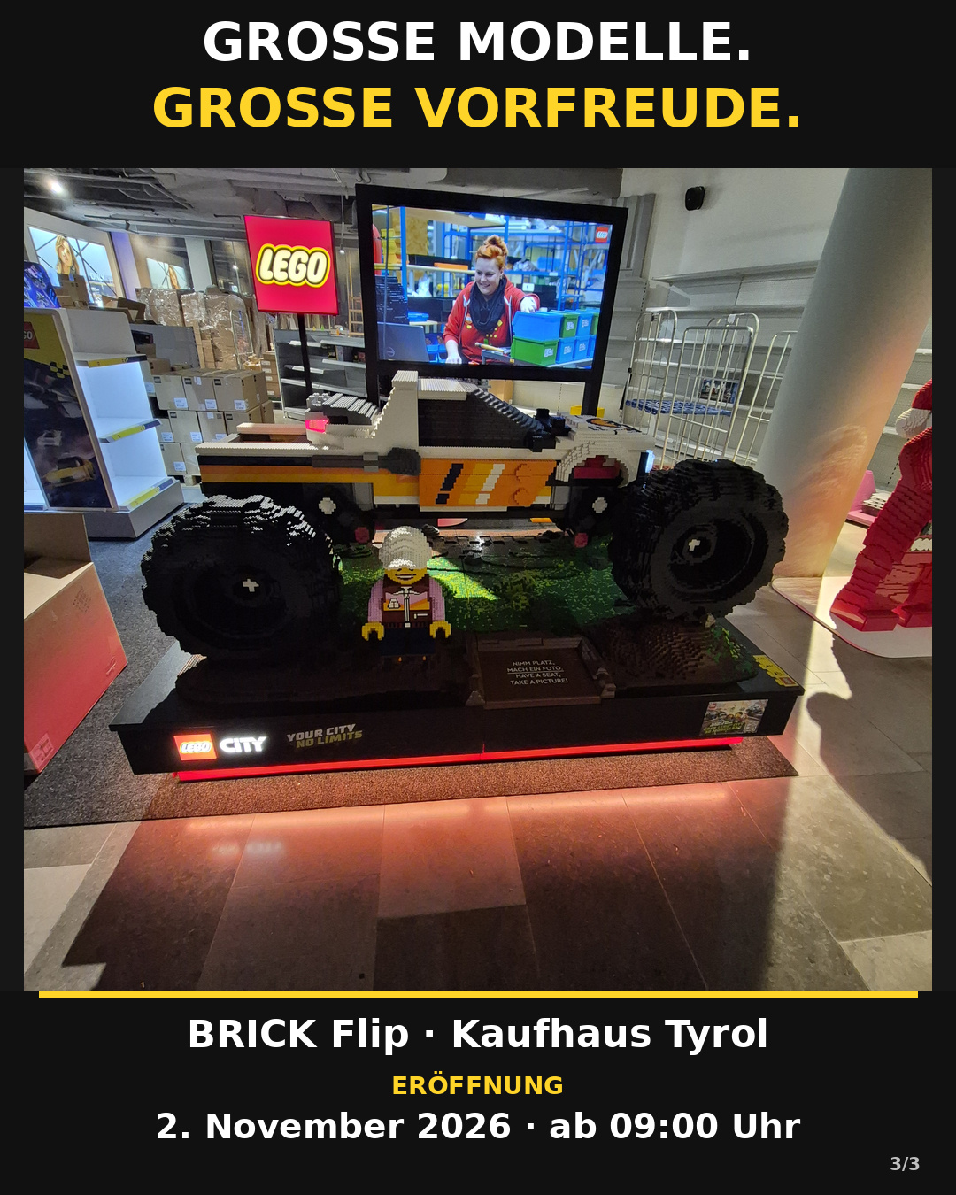 Großes LEGO Monstertruck-Modell der Wanderschau in Innsbruck