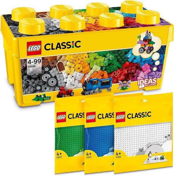 Classic Bausteine-Box Mittelgroß + Grüne, Blaue & Weiße Bauplatte