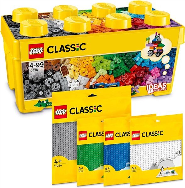 Classic Bausteine-Box Mittelgroß + Grüne, Blaue, Weiße & Graue Bauplatte